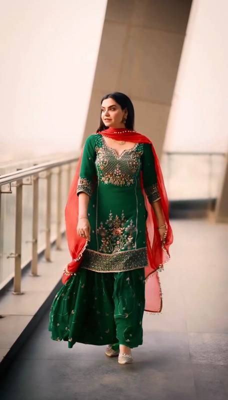 Elegant 3-Piece Kurti Set with Sharara and Dupatta - Embroidered Faux Georgette