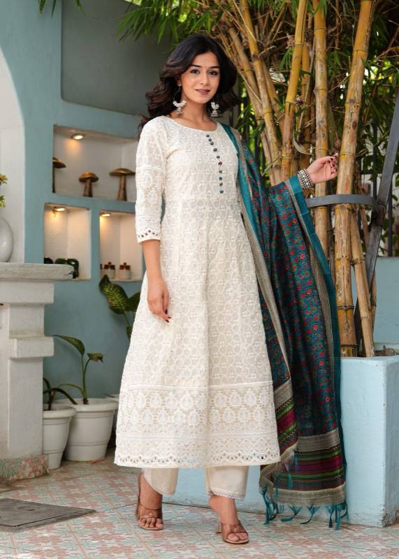 Classic Chikankari Cotton Anarkali Set with Digital Print Dupatta