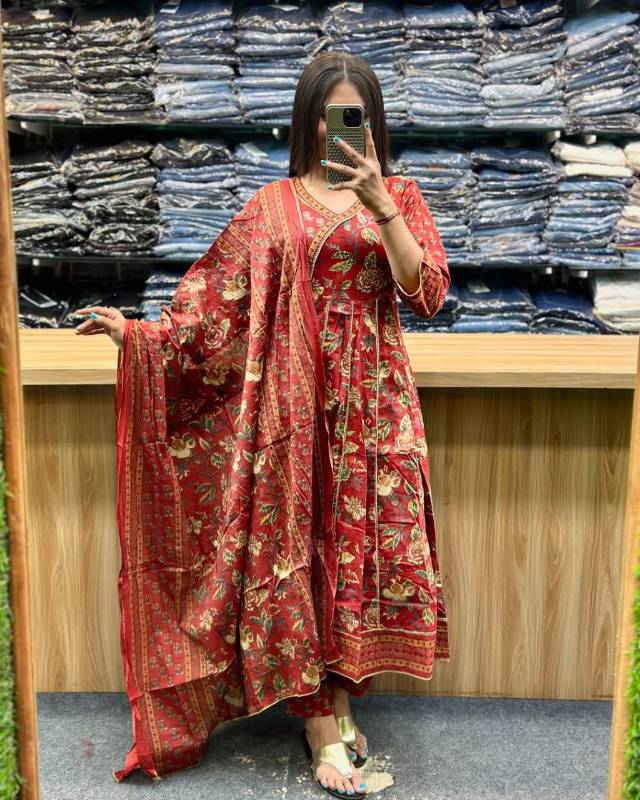 Dreamy Sanganeri Print Anarkali Kurta Set with Adda Detailing