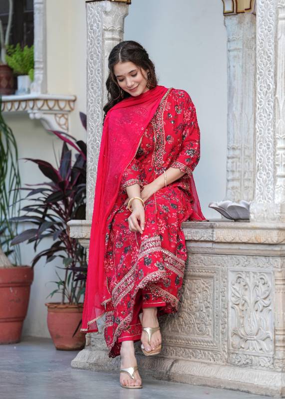 Beautiful ANARKALI KURTA With Heavy Reyon Embroidery Work On Yoke Along with Pant With Chiffon Duppata