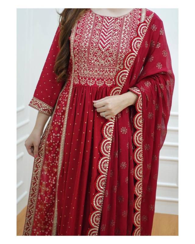 Elegant Rayon Naira Cut Kurti Set with Heavy Embroidery & Lace Work | Includes Pant & Printed Dupatta