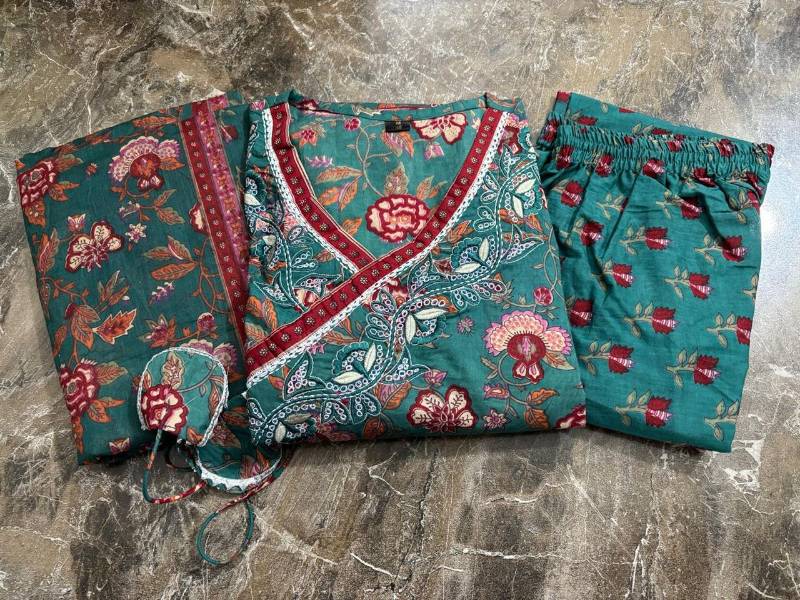Anarkali Angrakha Style Kurti Pent With Dupatta Jaipuri Cotton