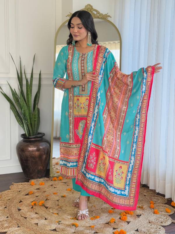 Elegant Pakistani Muslin Silk Suit with Digital Prints & Hand Mirror Work – 3-Piece Set