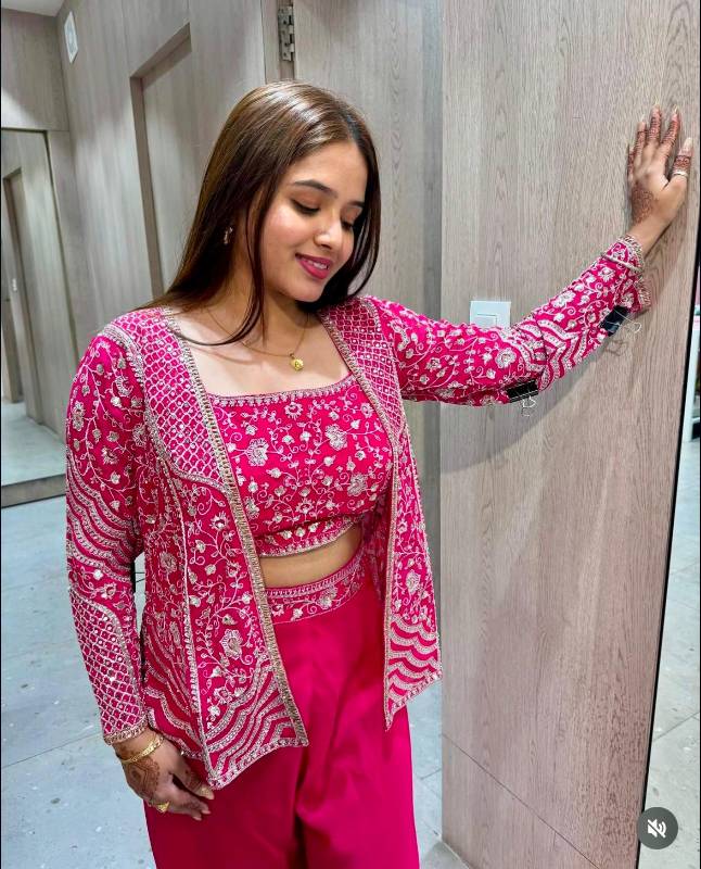 BB-13 | Elegant Rani Pink Chinon Palazzo Koti Blouse Set | Embroidered & Sequin Work | Free Size