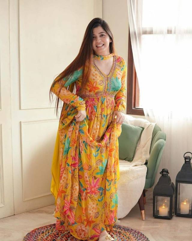 Glamorous Yellow Aliya Cut Ensemble Gown Pent With Dupatta