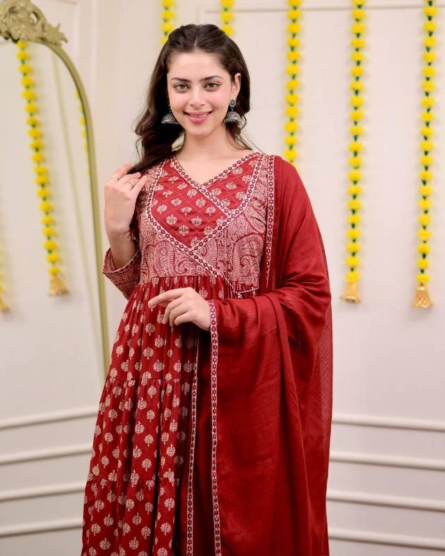 Dreamy Sanganeri Print Anarkali Kurta Set with Adda Work Detailing