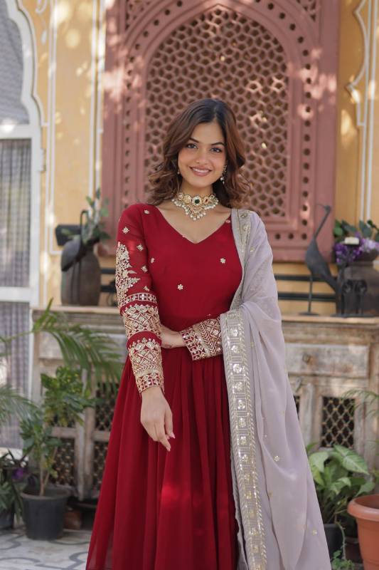 Faux Blooming Embroidered Gown with Zari Sequins Work | Fancy V Neck | Designer Dupatta