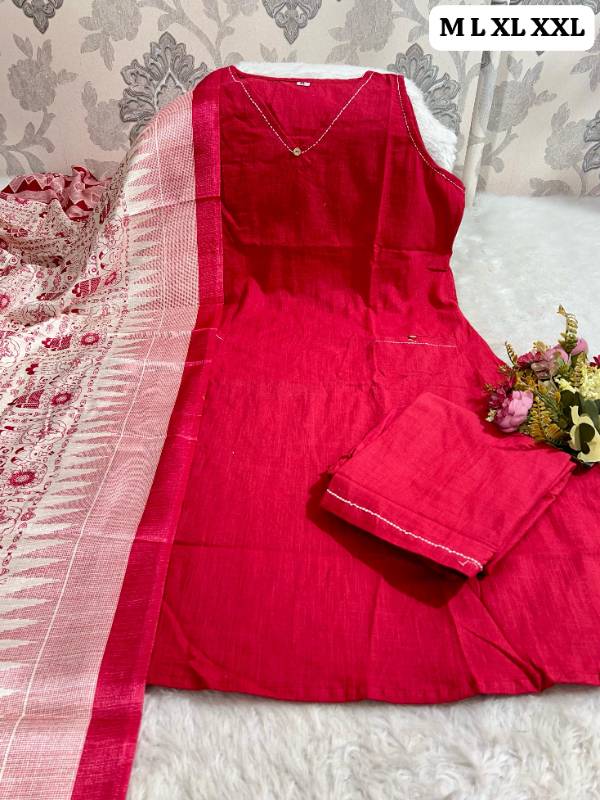 Premium Sleeveless Cotton Slub Kurti Set with Khadi Silk Dupatta & Katha Handwork | Size M to XXL