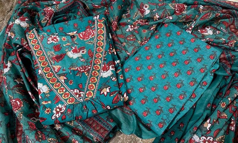 White Floral A-Line Cotton Pant Set with Matching Dupatta