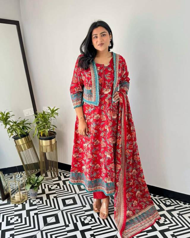 Beautiful cotton fabric Indo Western with embroidery work with shrug tussle