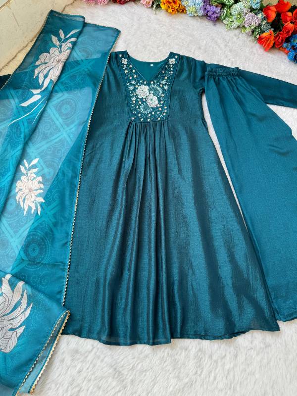 Premium Party Wear Vichitra Silk A-Line Gown with Pant & Dupatta Set | Elegant 3-Piece Collection