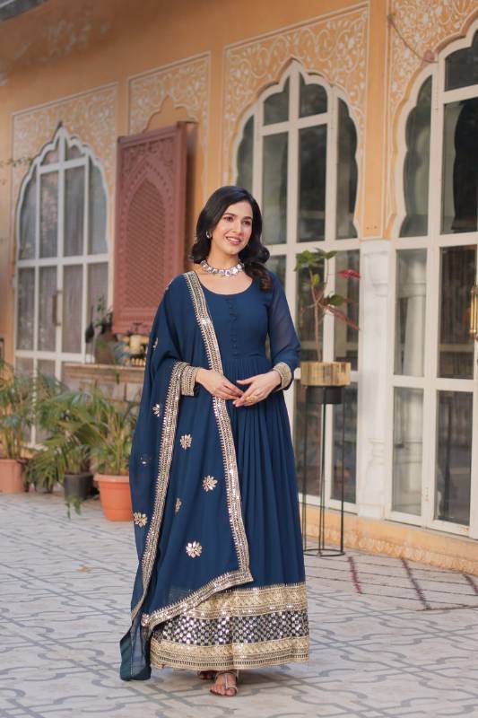 Elegant Faux Blooming Embroidered Gown with Dupatta – KA-1135
