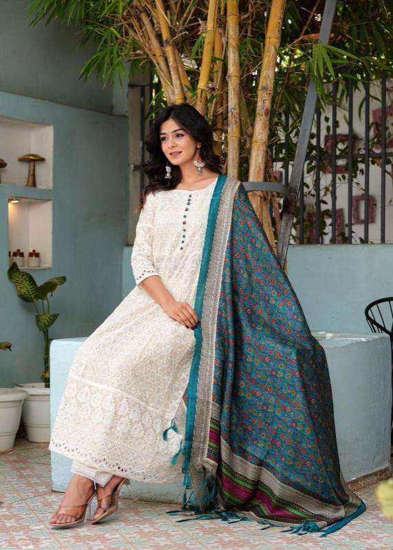 Classic Chikankari Cotton Anarkali Set with Digital Print Dupatta