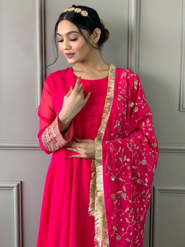 Gown Georgette Fabric Embroidery on sleeve also with heavy Embroidery Duppata with 4 Sid less