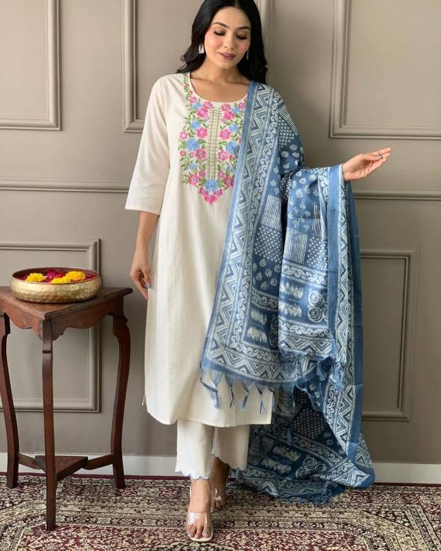 Classy Handloom Khadi Cotton Embroidery Suit with Khadi Silk Dupatta