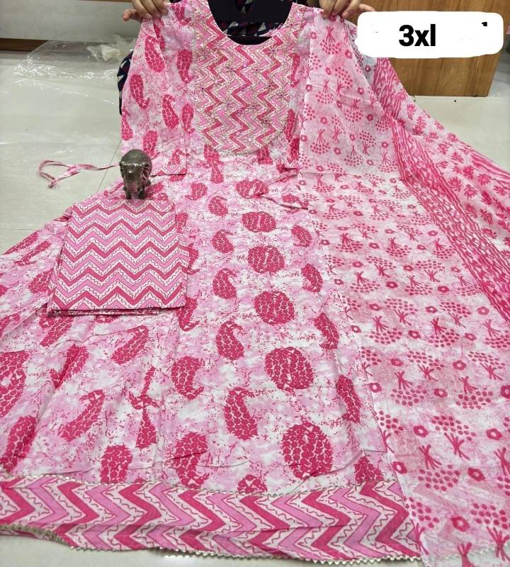Premium Pure Cotton Big Size Anarkali Kurti Pant Dupatta Set (3XL–6XL) – Neck Work Design
