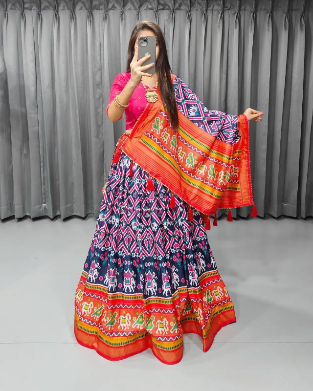 Royal Tussar Silk Printed Lehenga Choli Set | With Dupatta & Heavy Tassels | SF-1453