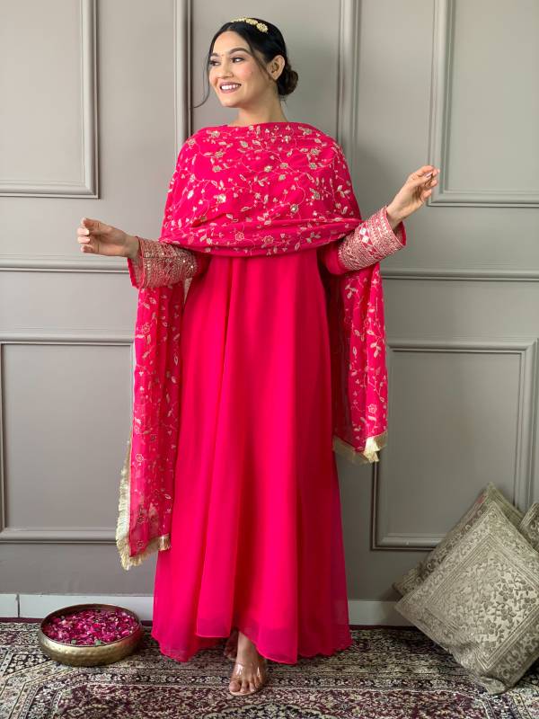 Gown Georgette Fabric Embroidery on sleeve also with heavy Embroidery Duppata with 4 Sid less