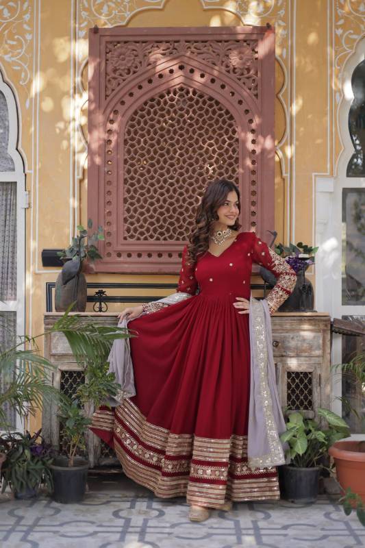 Faux Blooming Embroidered Gown with Zari Sequins Work | Fancy V Neck | Designer Dupatta