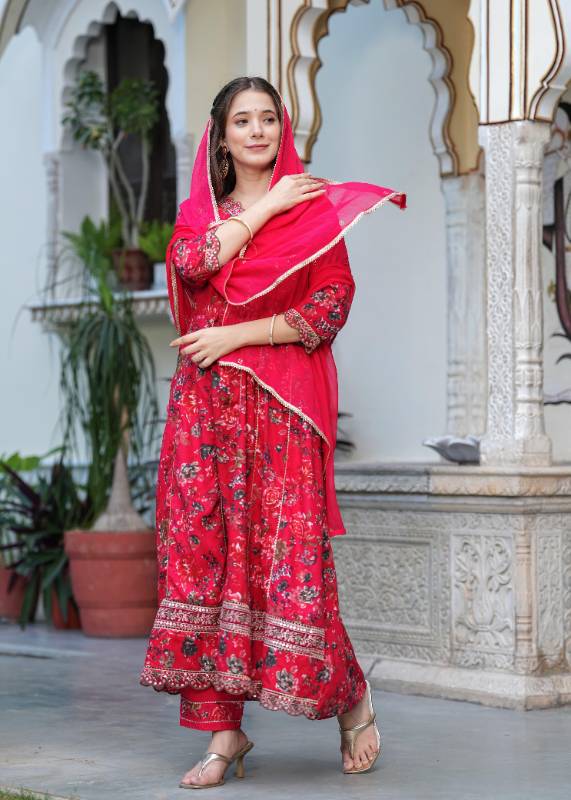 Beautiful ANARKALI KURTA With Heavy Reyon Embroidery Work On Yoke Along with Pant With Chiffon Duppata
