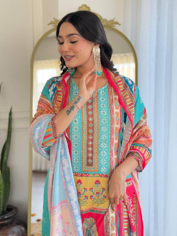 Elegant Pakistani Muslin Silk Suit with Digital Prints & Hand Mirror Work – 3-Piece Set