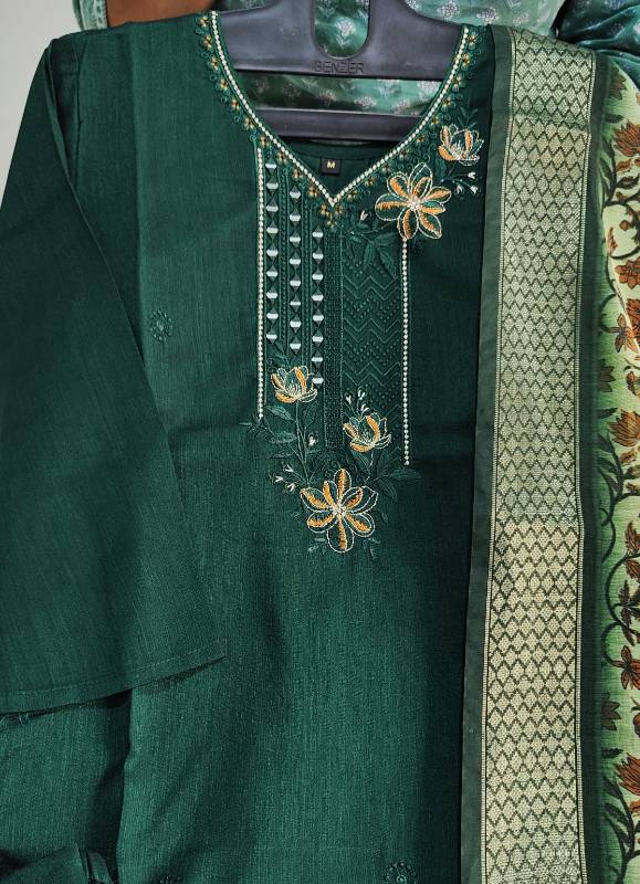 Elegant Bottle Green Maslin Silk Kurti Plazo Dupatta Set – Handcrafted Perfection