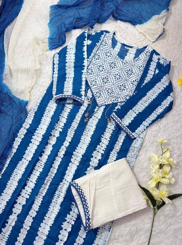 Premium Heavy Cotton Printed Kurti Set with Shells, Handwork & Tie-Dye Kota Doriya Dupatta
