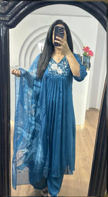 Premium Party Wear Vichitra Silk A-Line Gown with Pant & Dupatta Set | Elegant 3-Piece Collection