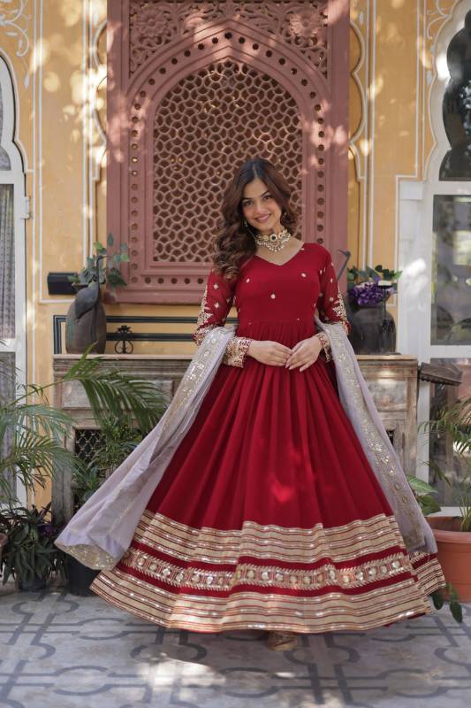 Faux Blooming Embroidered Gown with Zari Sequins Work | Fancy V Neck | Designer Dupatta