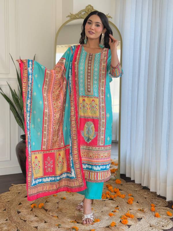 Elegant Pakistani Muslin Silk Suit with Digital Prints & Hand Mirror Work – 3-Piece Set