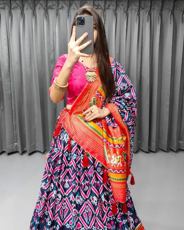 Royal Tussar Silk Printed Lehenga Choli Set | With Dupatta & Heavy Tassels | SF-1453