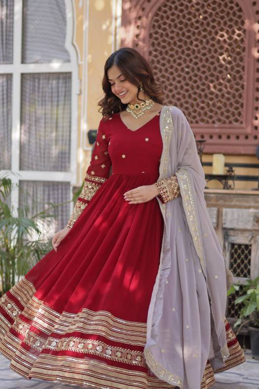 Faux Blooming Embroidered Gown with Zari Sequins Work | Fancy V Neck | Designer Dupatta