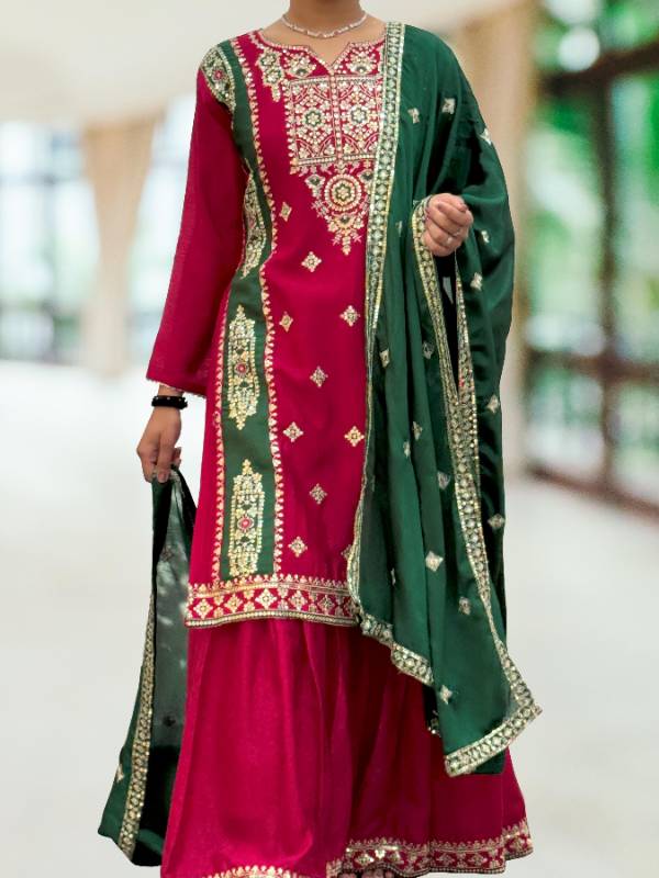 3-Piece Fancy Kurti Set with Beautiful Jacquard Sharara and Dupatta
