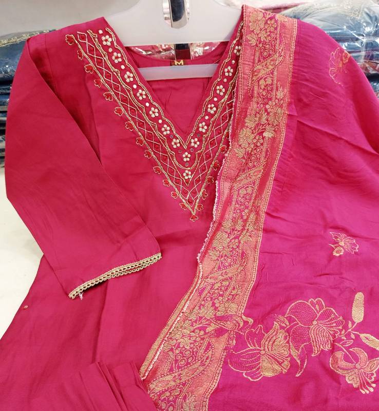 Wedding Season Special: Heavy Roman Silk Kurti Set with Jacquard Dupatta