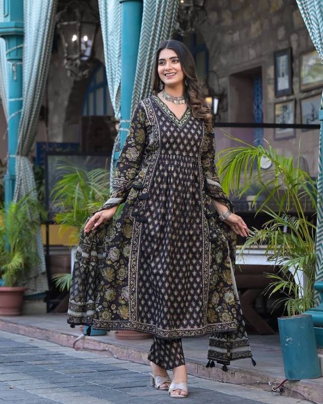 Elegant Navy Blue Floral Suit Set with Intricate Embroidery and Side Tassels | Premium Cotton"