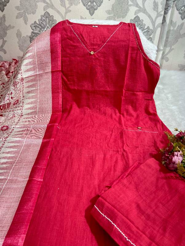 Premium Sleeveless Cotton Slub Kurti Set with Khadi Silk Dupatta & Katha Handwork | Size M to XXL