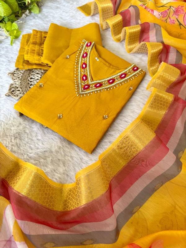 Premium Designer Kurti-Pant-Dupatta Set | Handwork Detailing | Roman Simmer Silk