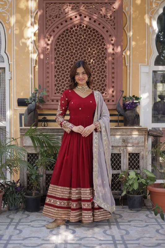 Faux Blooming Embroidered Gown with Zari Sequins Work | Fancy V Neck | Designer Dupatta