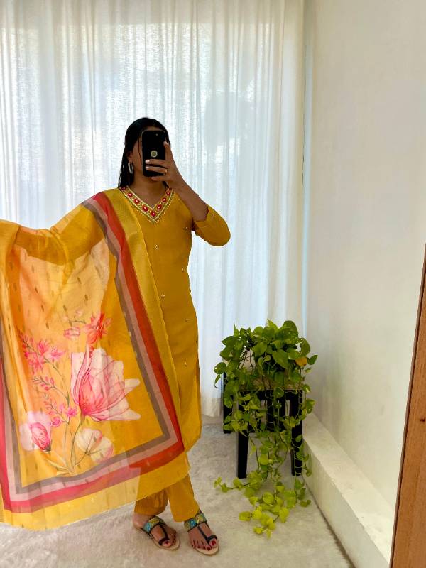 Premium Designer Kurti-Pant-Dupatta Set | Handwork Detailing | Roman Simmer Silk