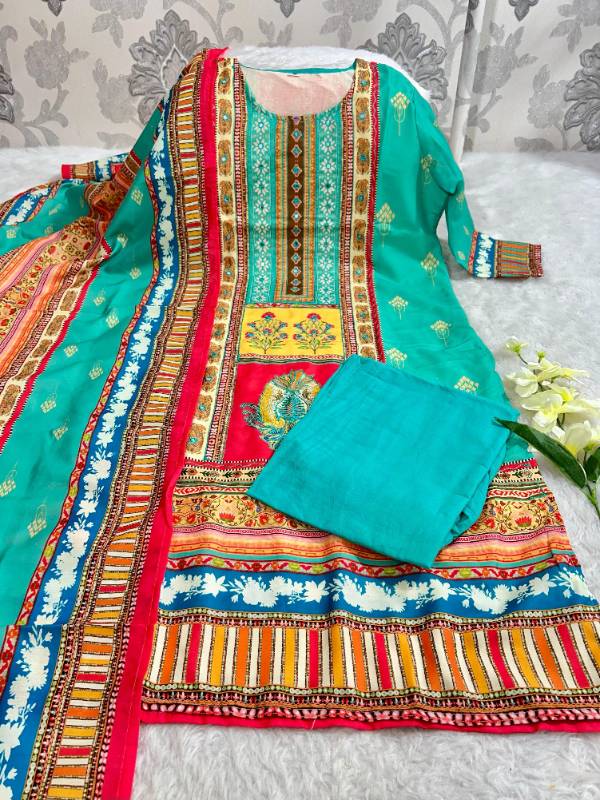 Elegant Pakistani Muslin Silk Suit with Digital Prints & Hand Mirror Work – 3-Piece Set