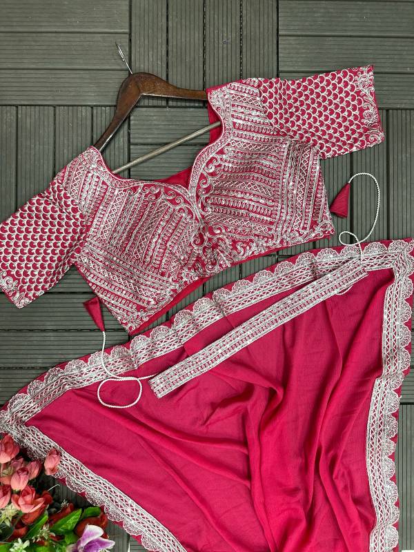 HB-184 Super Trending Embroidered Chinon Ready-to-Wear Saree with Belt & Blouse