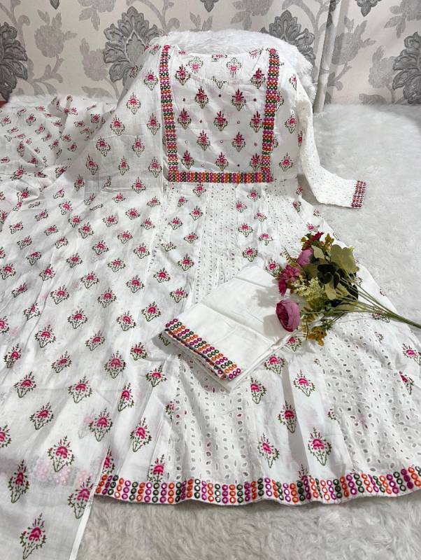 Premium Cotton Anarkali Chikankari Kurti Set with Mirror Embroidery & Malmal Dupatta