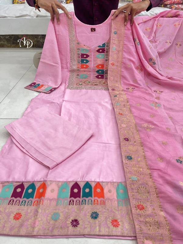 Chanderi Silk Kurti Pent With Jacquard Duapatta