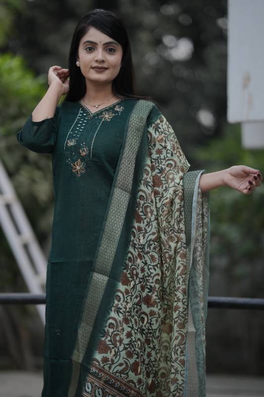 Elegant Bottle Green Maslin Silk Kurti Plazo Dupatta Set – Handcrafted Perfection