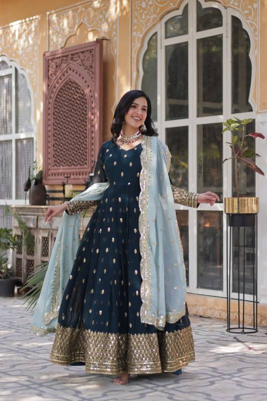 Faux Blooming Embroidered Gown with Tabby Silk Dupatta – KA-1136