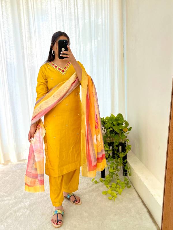 Premium Designer Kurti-Pant-Dupatta Set | Handwork Detailing | Roman Simmer Silk