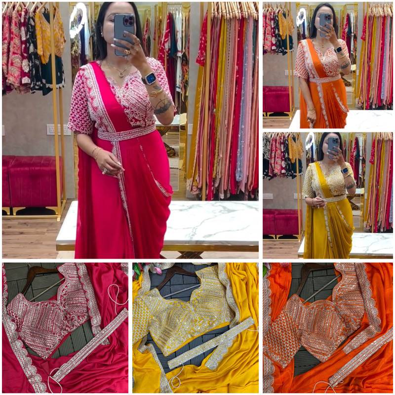 HB-184 Super Trending Embroidered Chinon Ready-to-Wear Saree with Belt & Blouse