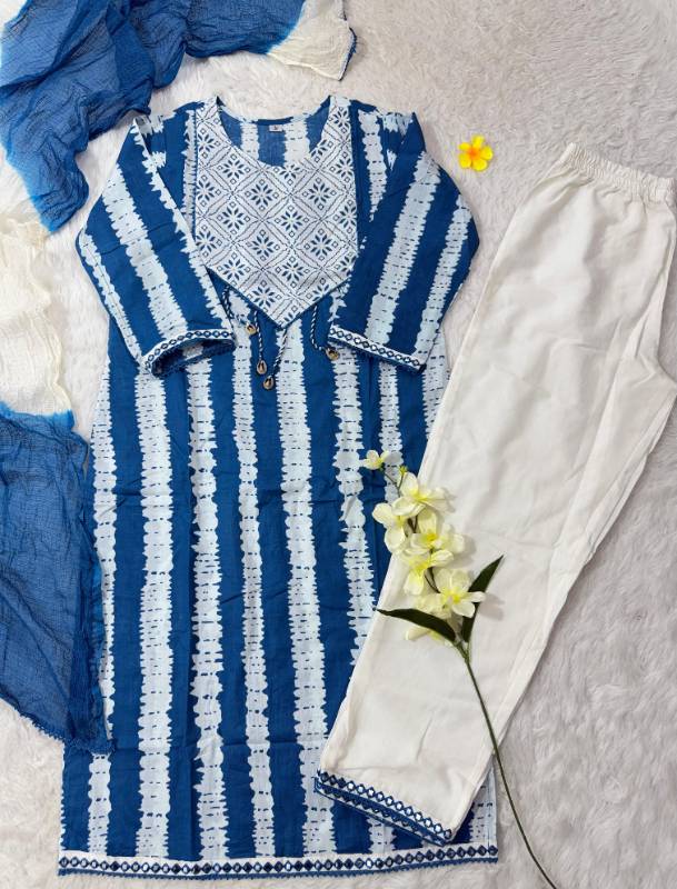 Premium Heavy Cotton Printed Kurti Set with Shells, Handwork & Tie-Dye Kota Doriya Dupatta
