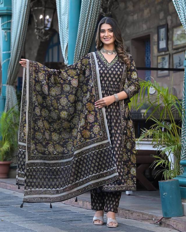 Elegant Navy Blue Floral Suit Set with Intricate Embroidery and Side Tassels | Premium Cotton"