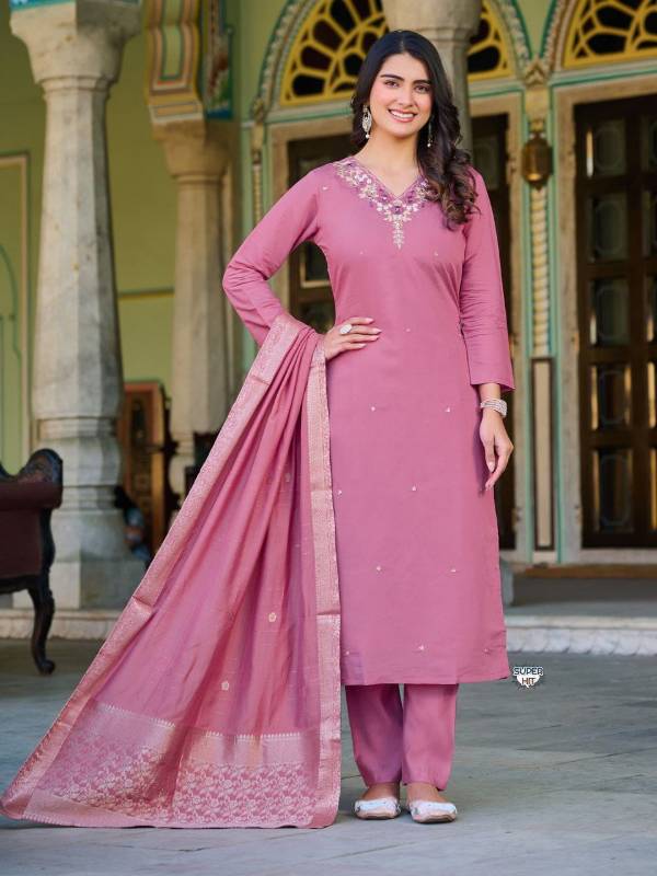 Heavy Roman Silk Kurti Set with Hand Embroidery, Zari Work & Banarasi Dupatta (3-Piece |